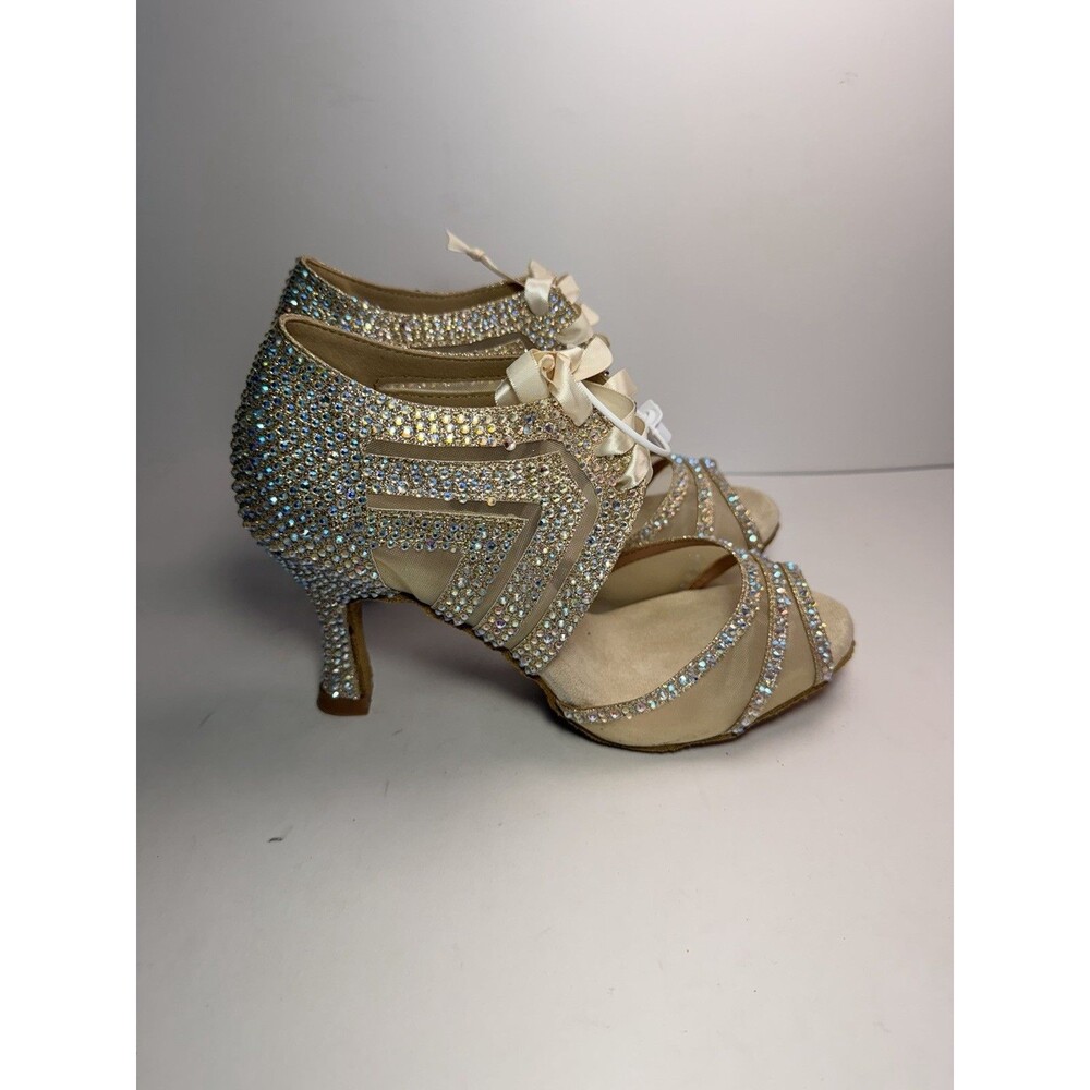 Danceandsway Women's Size 8 Gold Rhinestone Mesh Lace Up Latin Dance Heels NIB